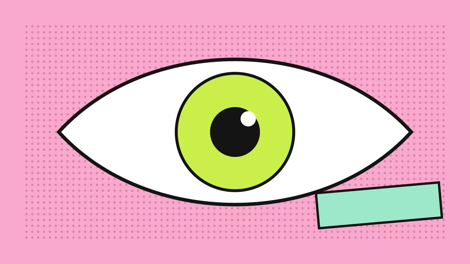 Collage graphique : un grand œil stylisé à l'iris vert citron sur fond rose.